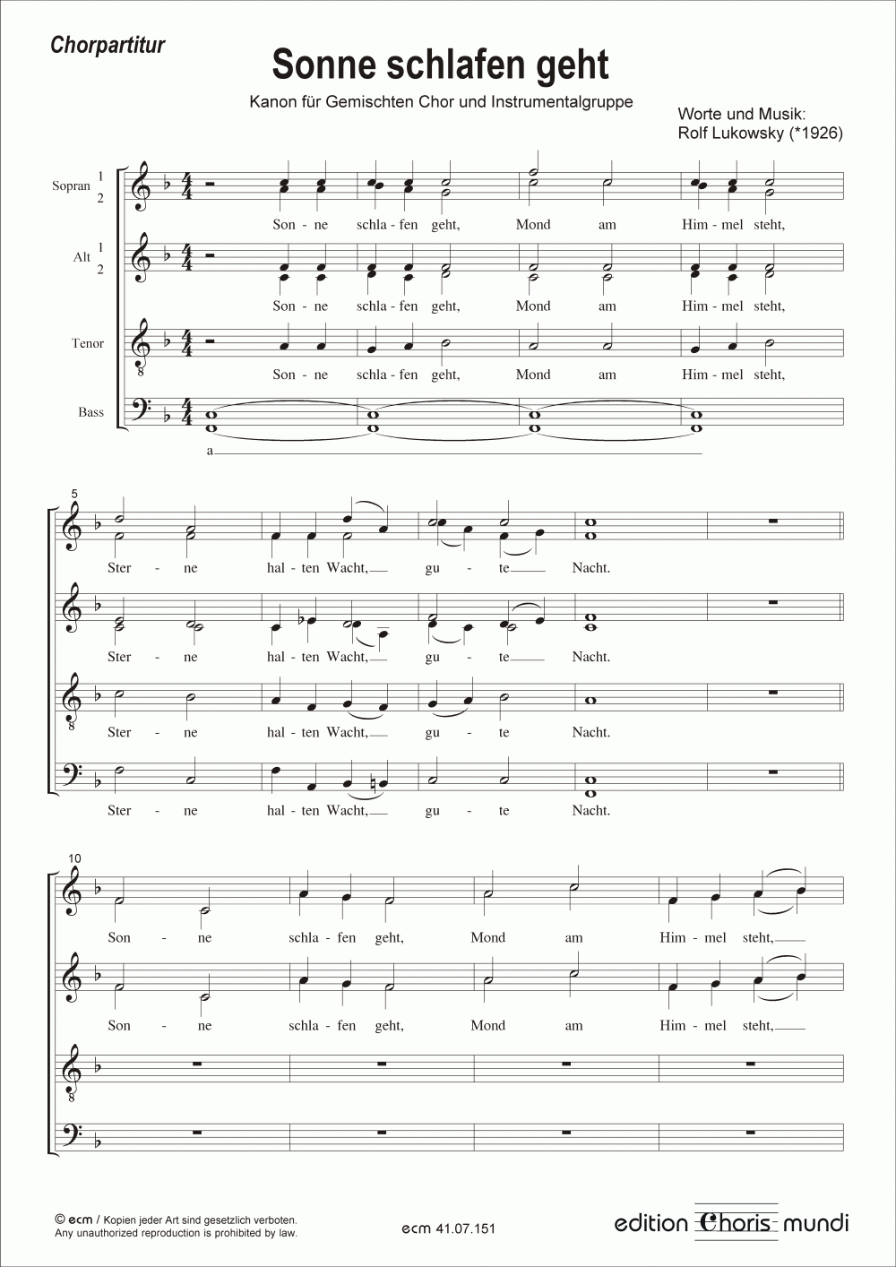 Sonne schlafen geht (Vocal score)