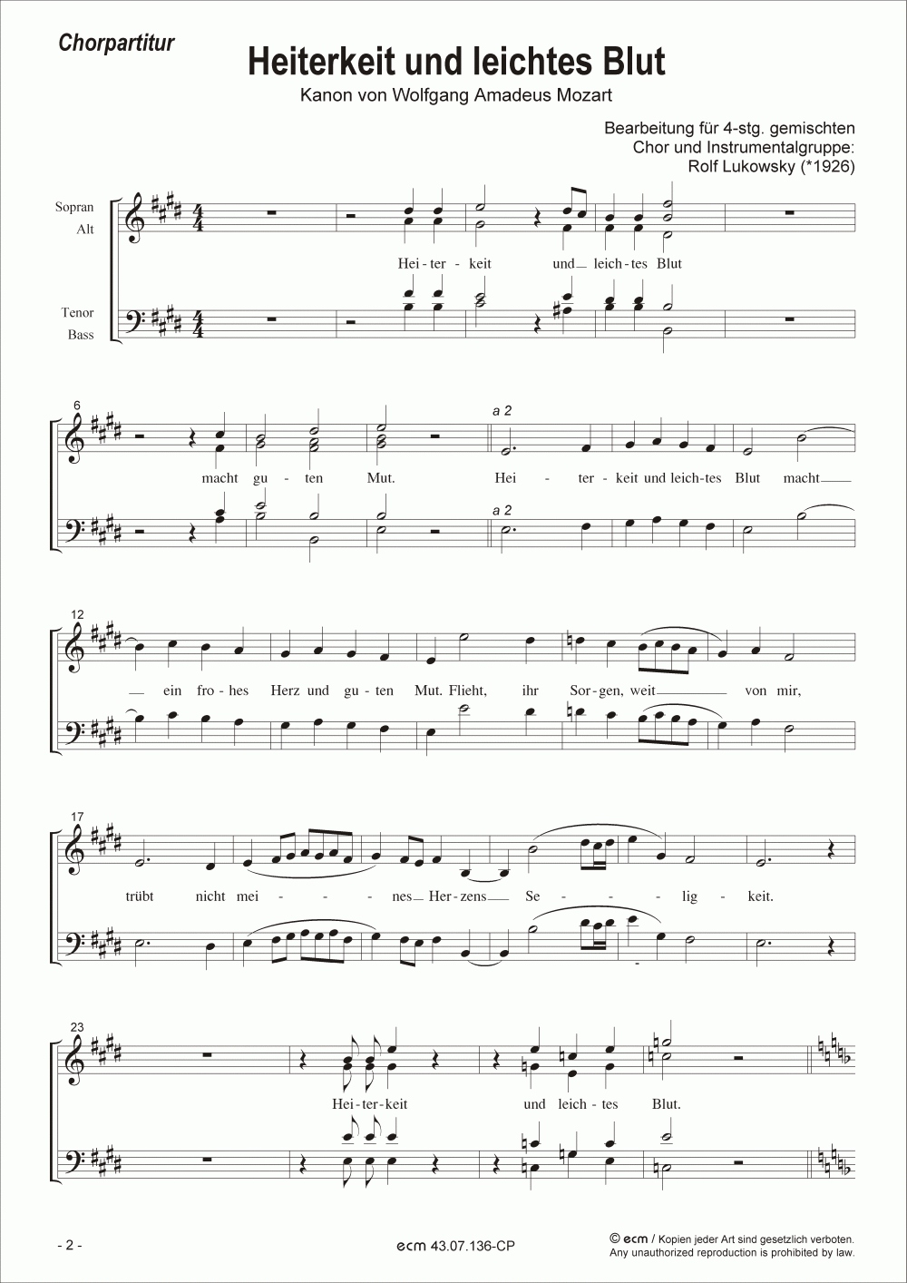 Heiterkeit und leichtes Blut (Chorpartitur)