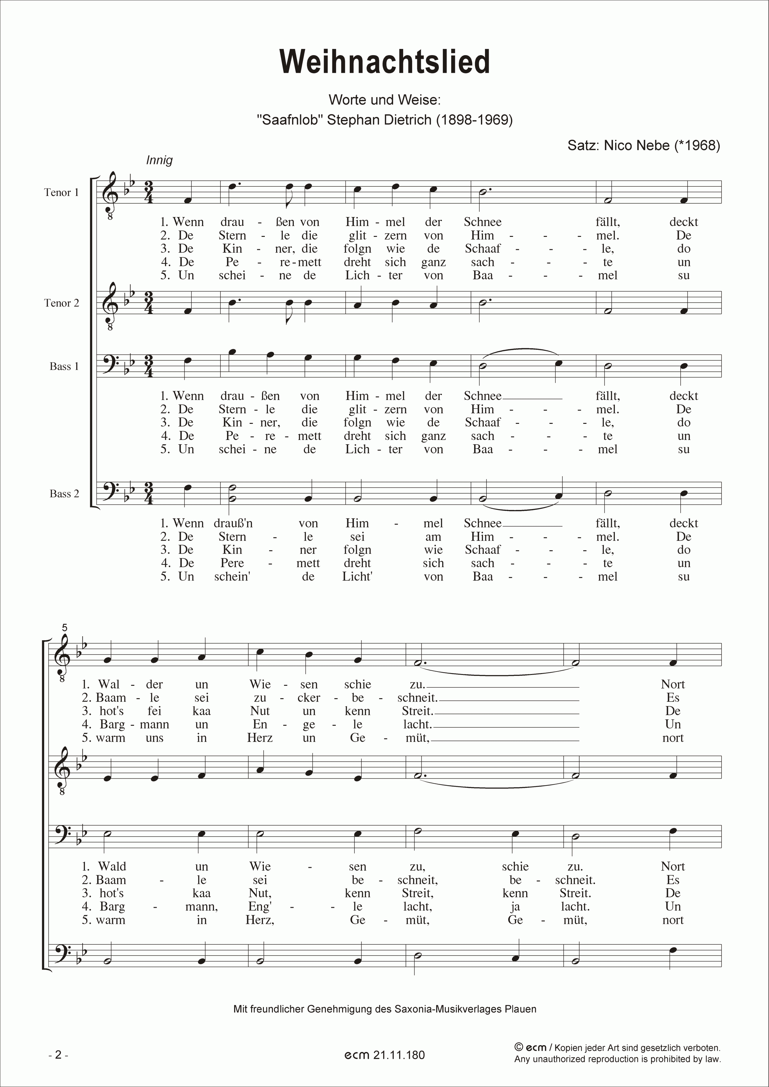 ecm Shop Chor, Noten, Chornoten, Männerchor, Weihnachtslieder
