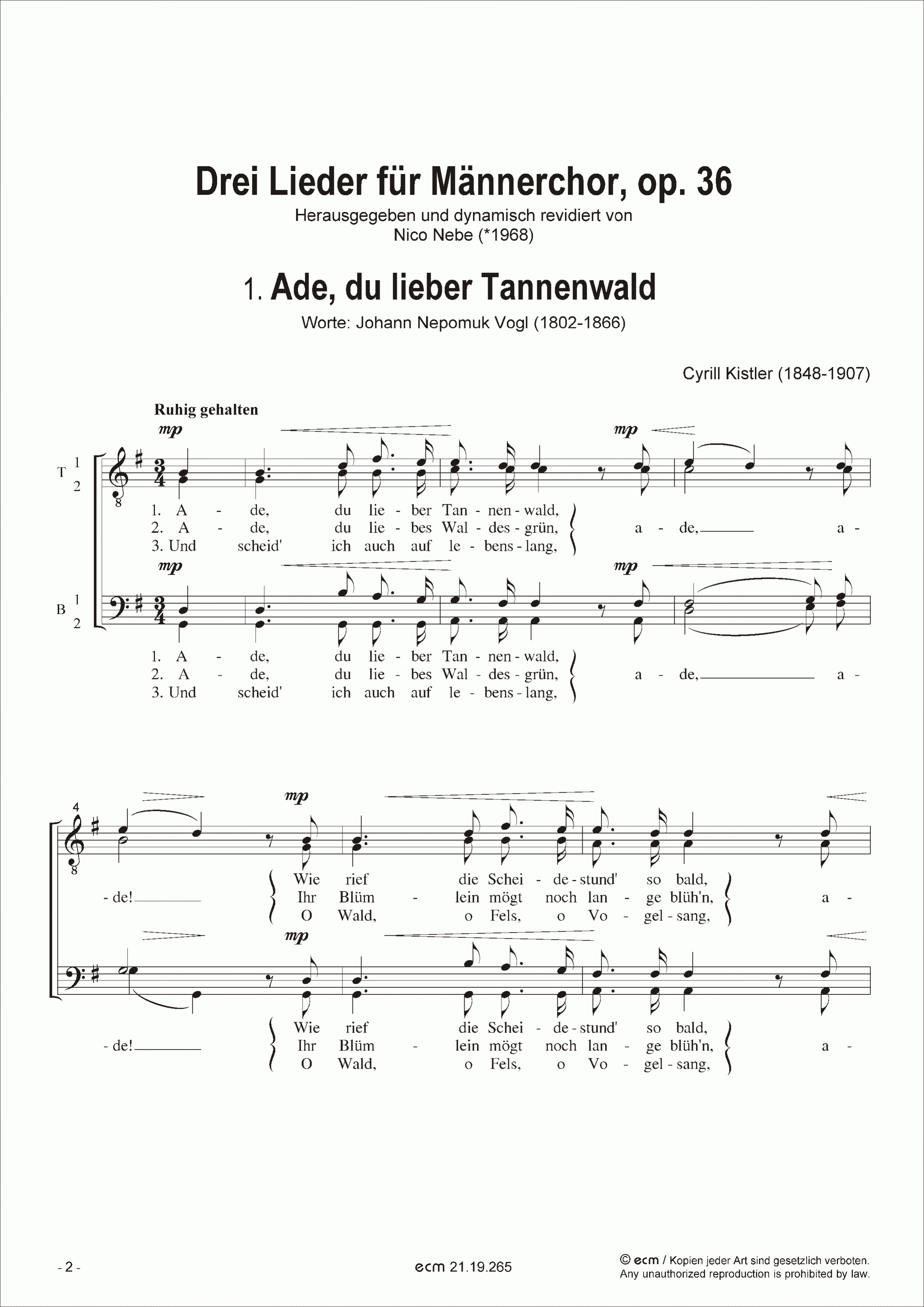 Drei Lieder für Männerchor, op. 36