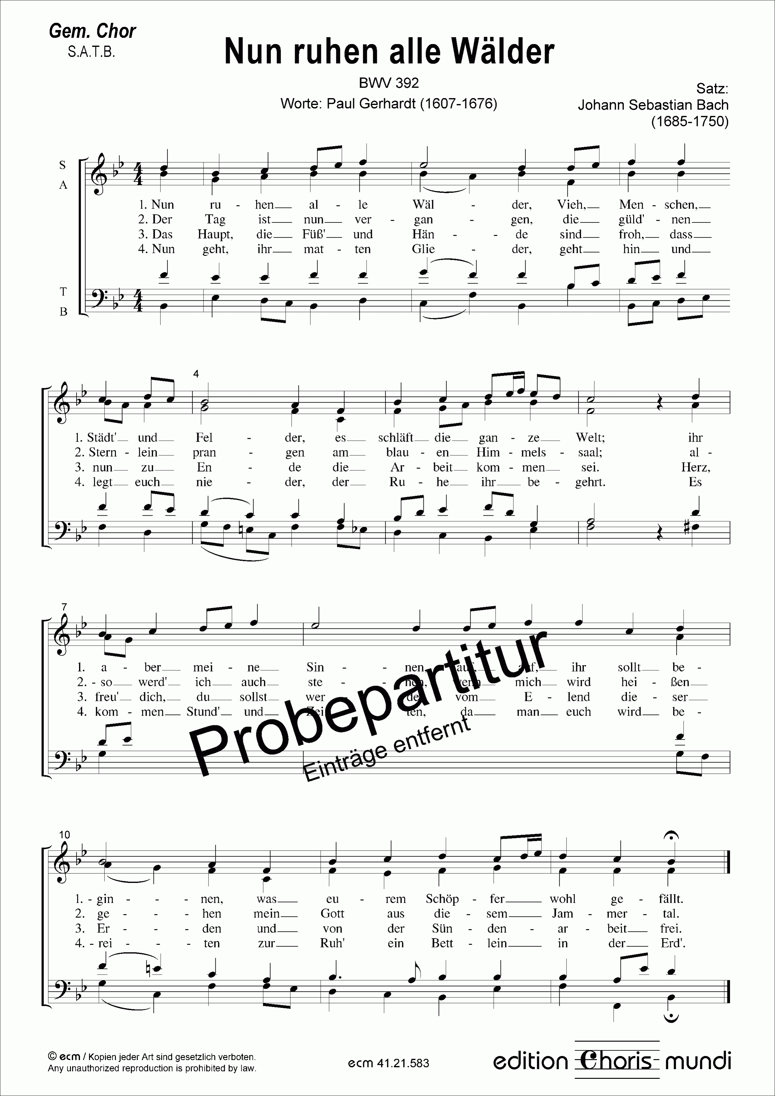 Nun ruhen alle Wälder (BWV 392)